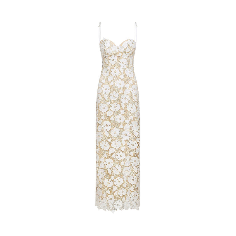 Florence White Floral Embroidered Lace Midi Dress