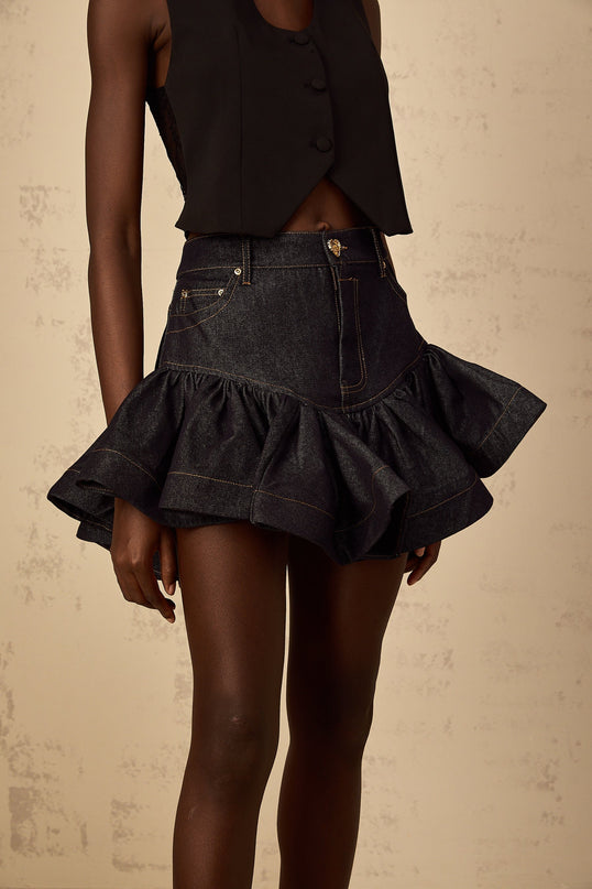 Florence womens indigo blue ruffled denim mini skirt on white background