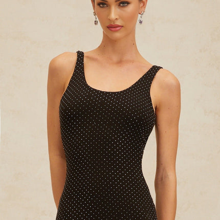 Fortuna Black Rhinestone Bodysuit Scoop Neck Sleeveless Terylene Zip Closure