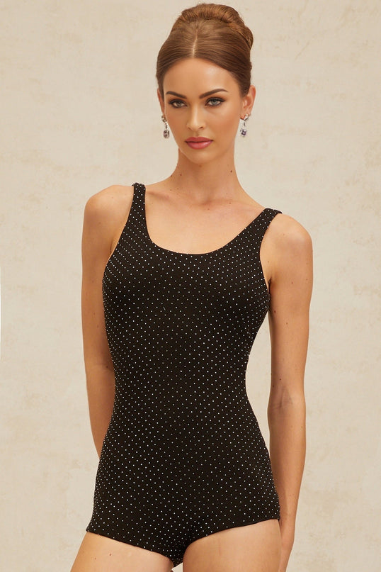 Fortuna Black Rhinestone Bodysuit Scoop Neck Sleeveless Terylene Zip Closure