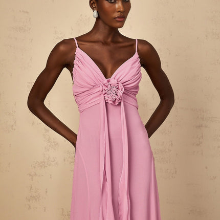 Fortuna Pink 3D Petal Maxi Dress V Neck Sleeveless Spaghetti Straps Ruched Tulle Side Zip Special Occasions