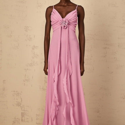 Fortuna Pink 3D-Petal Maxi Dress V-Neck Sleeveless Elegant Spaghetti Straps Waistline Ruched Flared Hem Tulle Side Zip Special Occasions 100% Terylene Fiber