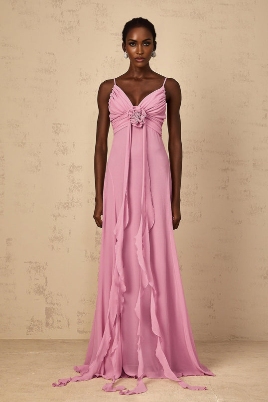 Fortuna Pink 3D-Petal Maxi Dress V-Neck Sleeveless Elegant Spaghetti Straps Waistline Ruched Flared Hem Tulle Side Zip Special Occasions 100% Terylene Fiber