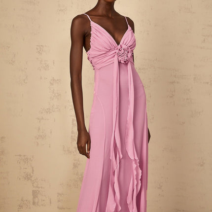 Fortuna Pink 3D Petal Maxi Dress V-Neck Sleeveless Elegant Spaghetti Straps Waistline Ruched Flared Hem Tulle Side Zip Special Occasions