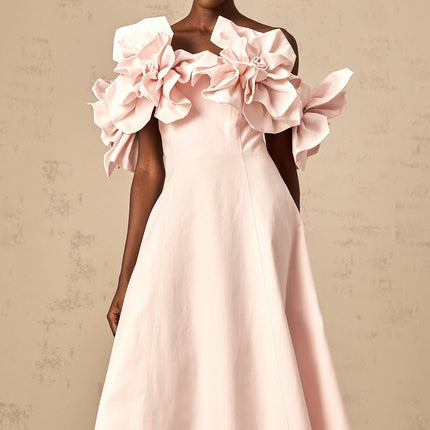 Fortuna Pink Midi Dress with 3D Petal Detailing and Cinched Waist