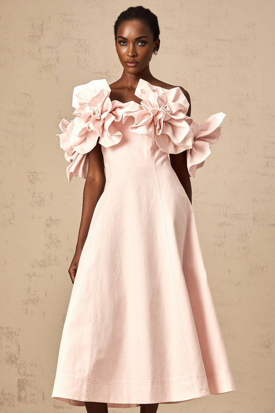 Fortuna Pink Midi Dress with 3D Petal Detailing and Cinched Waist