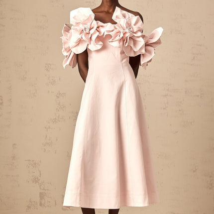 Fortuna Pink Off-Shoulder Midi Dress with 3D Petal Detailing