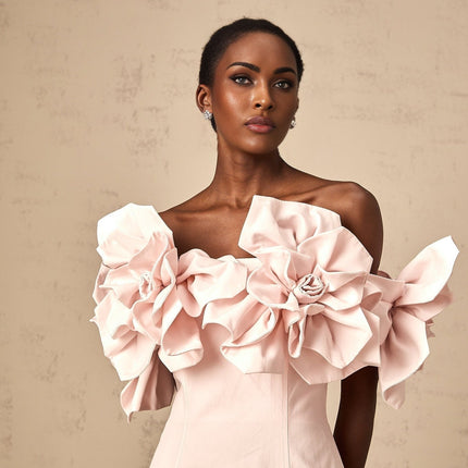 Fortuna Pink Off-Shoulder Midi Dress with 3D Petal Detailing