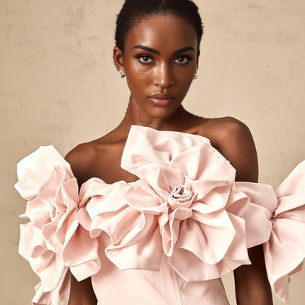 Fortuna Pink Midi Dress with 3D Petal Detailing and Cinched Waist