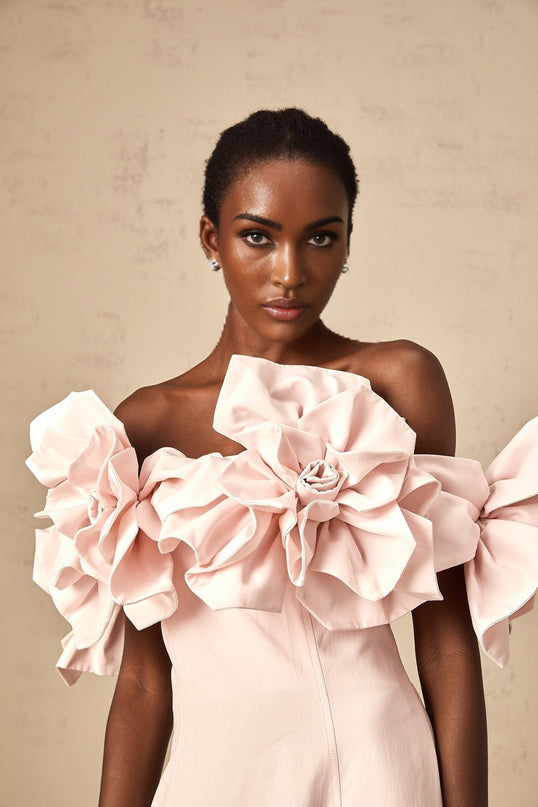 Fortuna Pink Midi Dress with 3D Petal Detailing and Cinched Waist