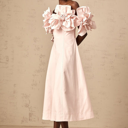 Fortuna Pink Midi Dress with 3D Petal Detailing and Cinched Waist