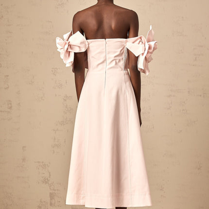 Fortuna Pink Off-Shoulder Midi Dress with 3D Petal Detailing