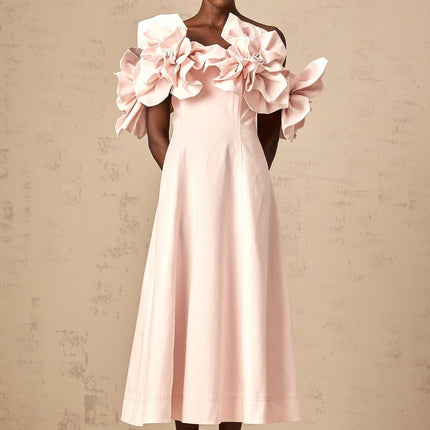 Fortuna Pink Off-Shoulder Midi Dress with 3D Petal Detailing