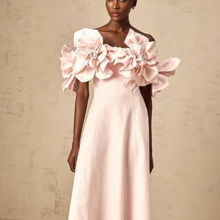 Fortuna Pink Off-Shoulder Midi Dress with 3D Petal Detailing
