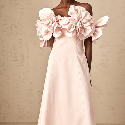 Fortuna Pink Midi Dress with 3D Petal Detailing and Cinched Waist