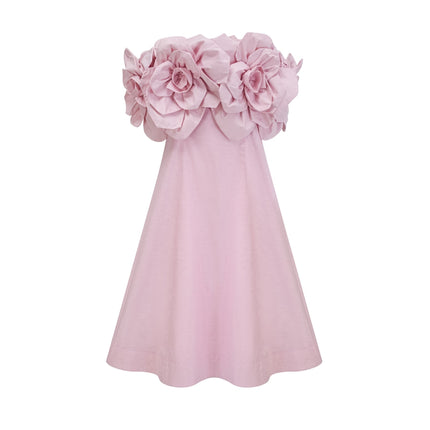 Fortuna Pink Off-Shoulder Midi Dress with 3D Petal Detailing