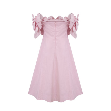 Fortuna Pink Midi Dress with 3D Petal Detailing and Cinched Waist