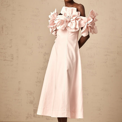 Fortuna Pink Off-Shoulder Midi Dress with 3D Petal Detailing