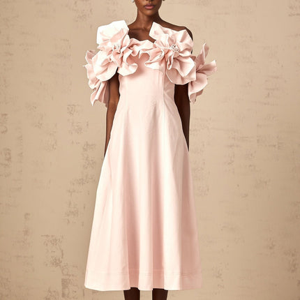 Fortuna Pink Off-Shoulder Midi Dress with 3D Petal Detailing