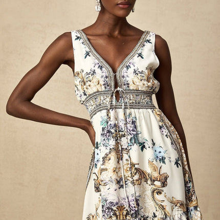 Fortuna White Floral Ruffle Mini Dress with V Neckline and Cinched Waist