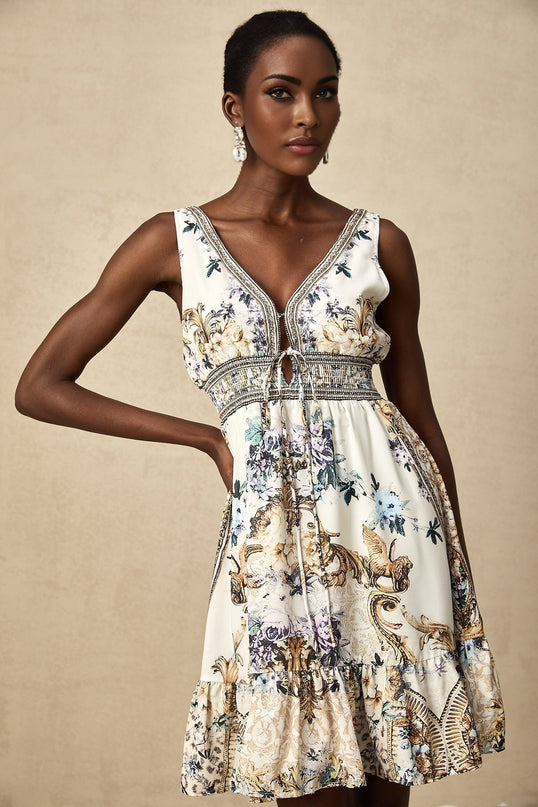 Fortuna White Floral Ruffle Mini Dress with V Neckline and Cinched Waist