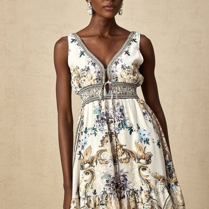 Fortuna White Floral Ruffle Mini Dress V Neckline Cinched Waist Polyamide