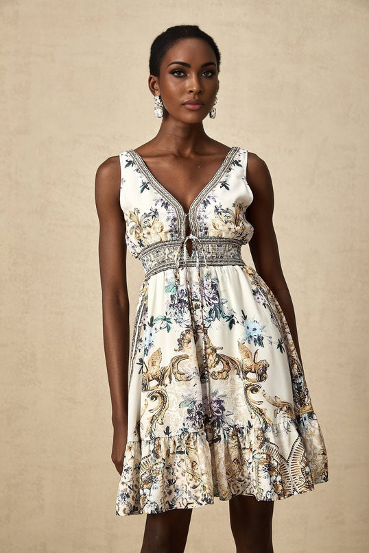 Fortuna White Floral Ruffle Mini Dress V Neckline Cinched Waist Polyamide