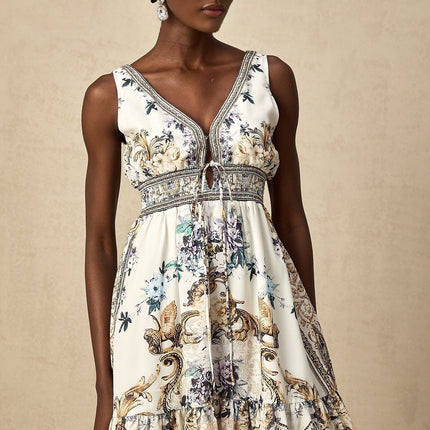 Fortuna White Floral Ruffle Mini Dress Polyamide V Neckline Cinched Waist Self-Tie Flared Hem