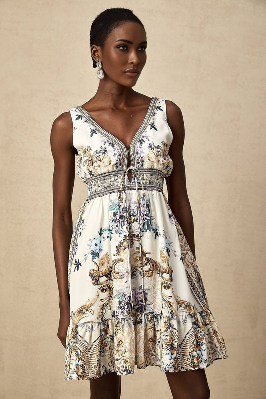 Fortuna White Floral Ruffle Mini Dress Polyamide V Neckline Cinched Waist Self-Tie Flared Hem