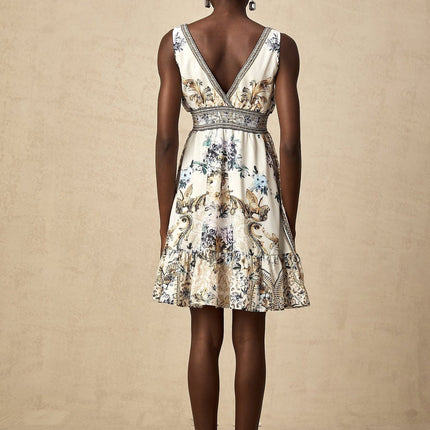 Fortuna White Floral Ruffle Mini Dress with V Neckline and Cinched Waist in 100% Polyamide