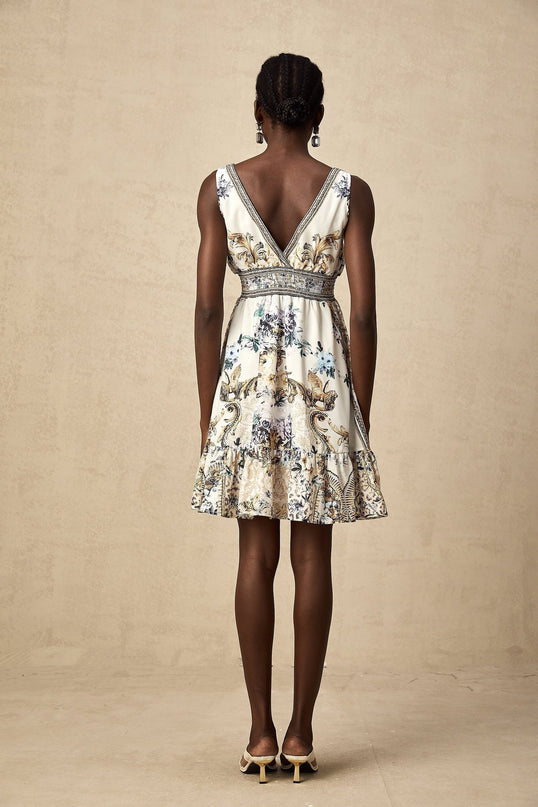 Fortuna White Floral Ruffle Mini Dress with V Neckline and Cinched Waist in 100% Polyamide