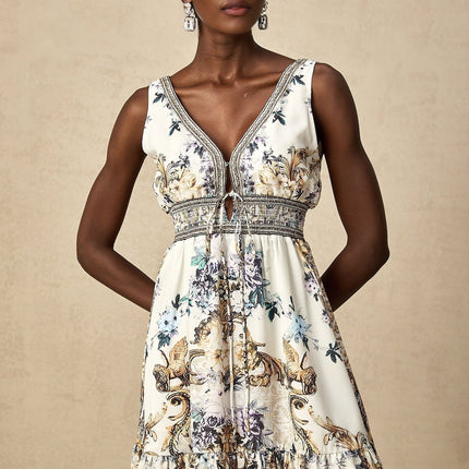 Fortuna White Floral Ruffle Mini Dress with V Neckline and Cinched Waist in 100% Polyamide