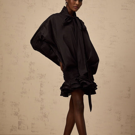Franca Black Mini Dress with Pussy-bow collar and Long puff sleeves