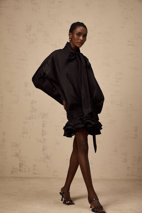 Franca Black Mini Dress with Pussy-bow collar and Long puff sleeves