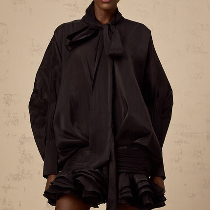 Franca Black Mini Dress with Pussy-bow collar and Long puff sleeves