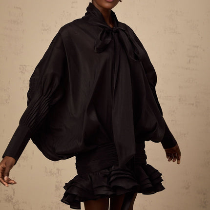 Franca Black Mini Dress with Pussy-bow collar and Long puff sleeves
