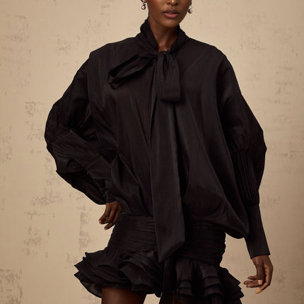 Franca Black Mini Dress with Pussy-bow collar and Long puff sleeves