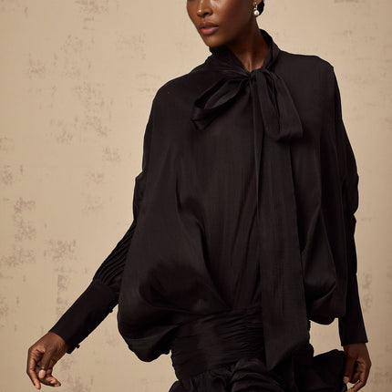 Franca Black Mini Dress with Pussy-bow collar and Long puff sleeves