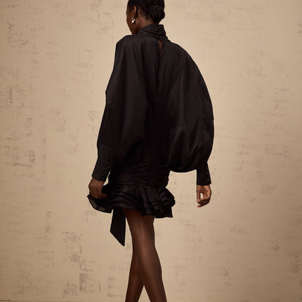 Franca Black Mini Dress with Pussy-bow collar and Long puff sleeves