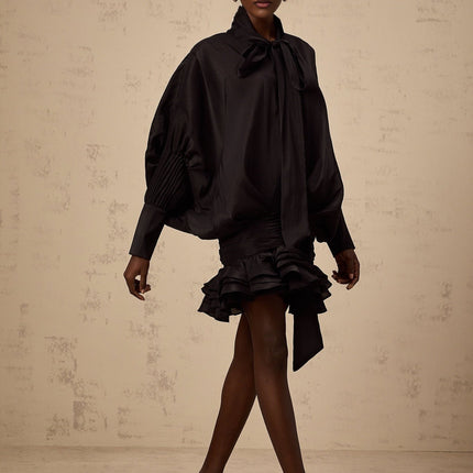 Franca Black Mini Dress with Pussy-bow Collar and Puff Sleeves
