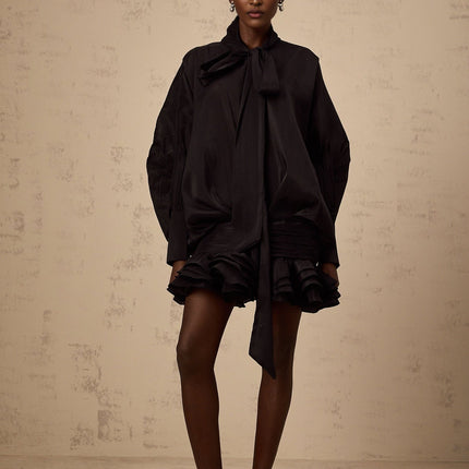 Franca Black Pussy-bow collar Mini Dress with Long puff sleeves and Pleated design
