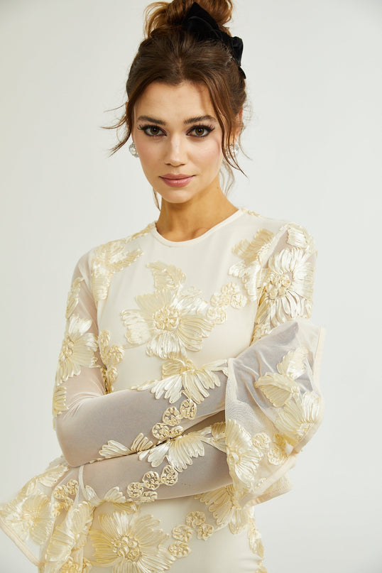 Franca Dress With Floral Embroidery Neutrals