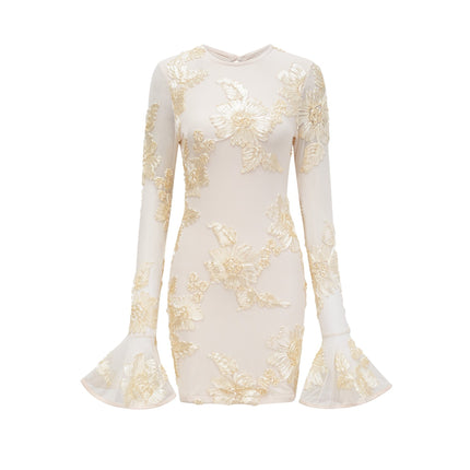 Franca Neutrals Floral Embroidered Dress with Mesh Detailing and Ruffled Cuffs