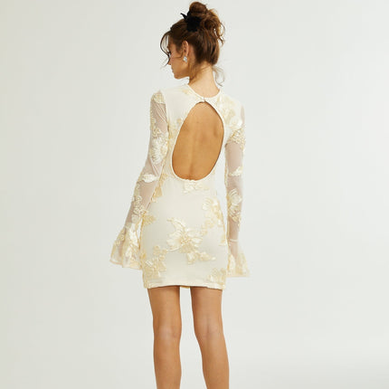 Franca Neutrals Floral Embroidered Dress Long Sleeve Round Neck Scoop Back Ruffled Cuffs Mesh Detailing Thigh Length