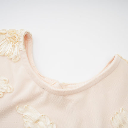 Franca Neutrals Floral Embroidered Dress Long Sleeve Round Neck Ruffled Cuffs Mesh Detailing Thigh Length