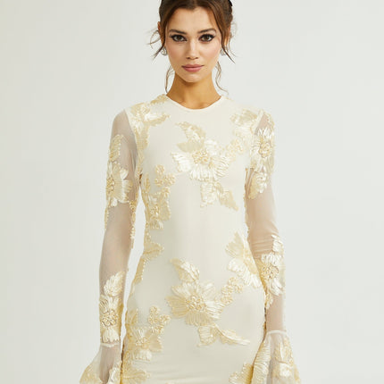 Franca Neutrals Floral Embroidery Dress with Mesh Detailing and Ruffled Cuffs