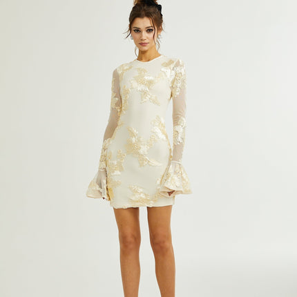 Franca Neutrals Floral Embroidery Dress with Long Sleeves and Ruffled Cuffs