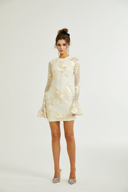 Franca Neutrals Floral Embroidery Dress with Long Sleeves and Ruffled Cuffs