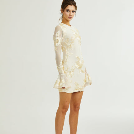 Franca Neutrals Floral Embroidery Dress Long Sleeve Round Neck Scoop Back Ruffled Cuffs Mesh Detailing Thigh Length