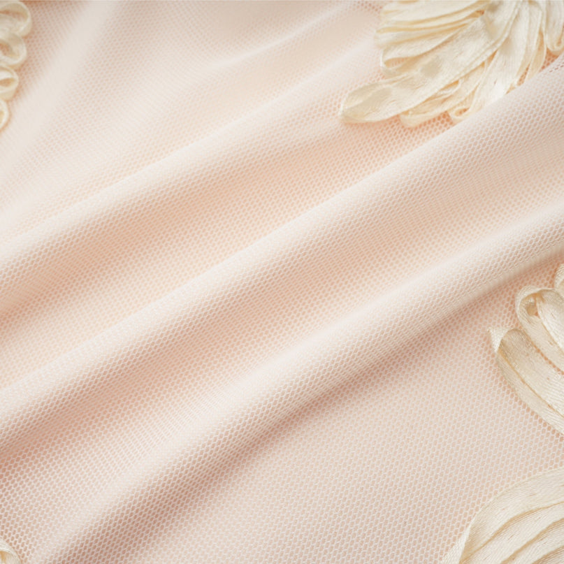 Franca Neutrals Floral Embroidery Dress Long Sleeves Round Neck Ruffled Cuffs Mesh Detailing